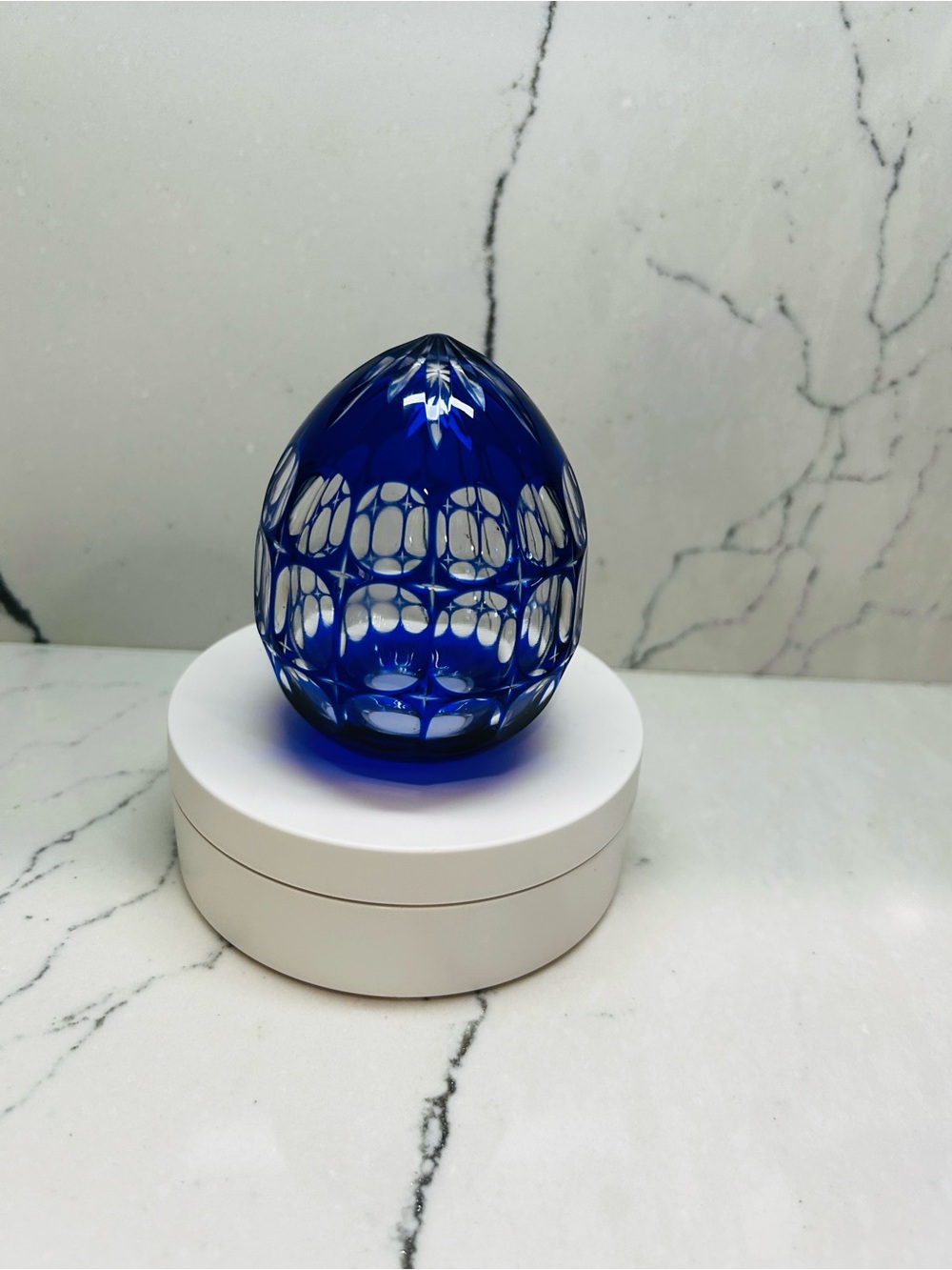 Vintage cobalt blue cut-to-clear crystal egg-shaped
